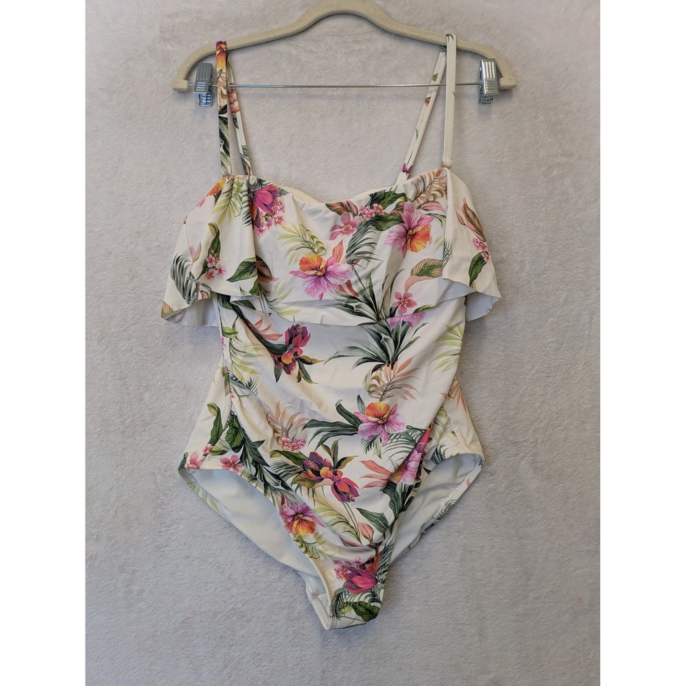 Kona Sol‎ Women's Size M Tropical Floral Ruffle One Piece Swimsuit Cream Pink